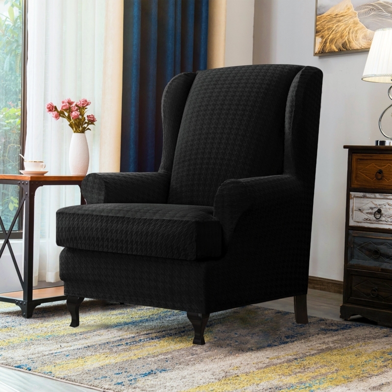 Houndstooth Stretch T-Cushion Wingback Slipcover