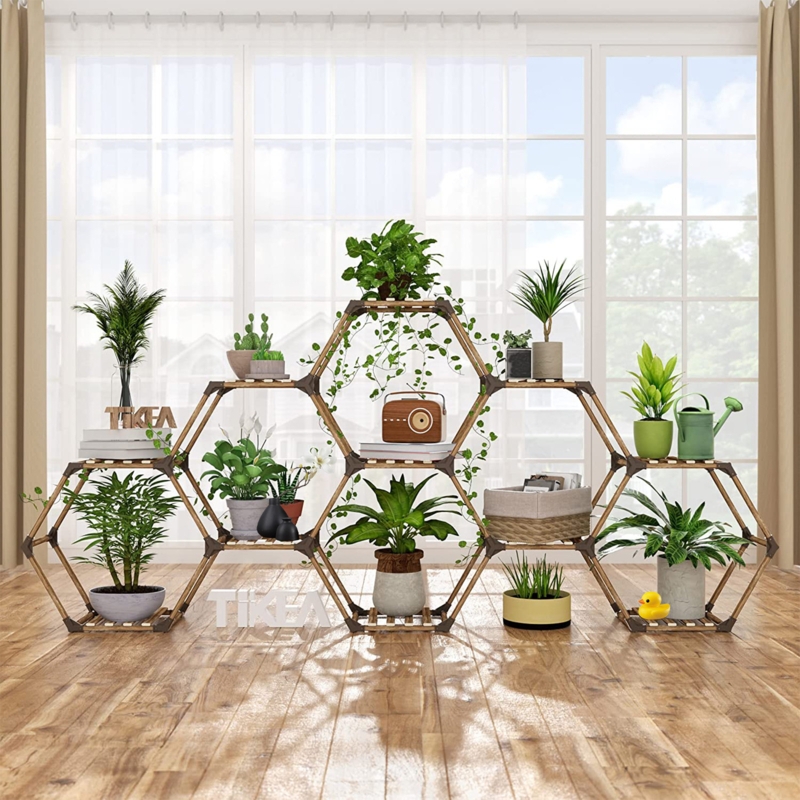 Hexagonal Eucalyptus Wood Plant Stand