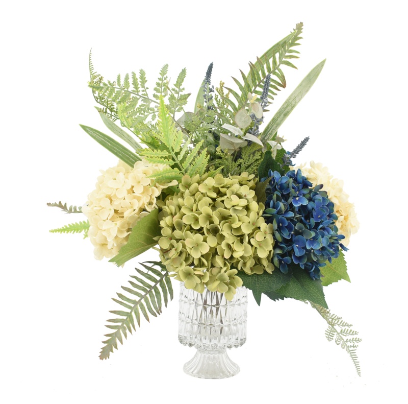Hydrangea and Fern Floral Arrangement in Vase