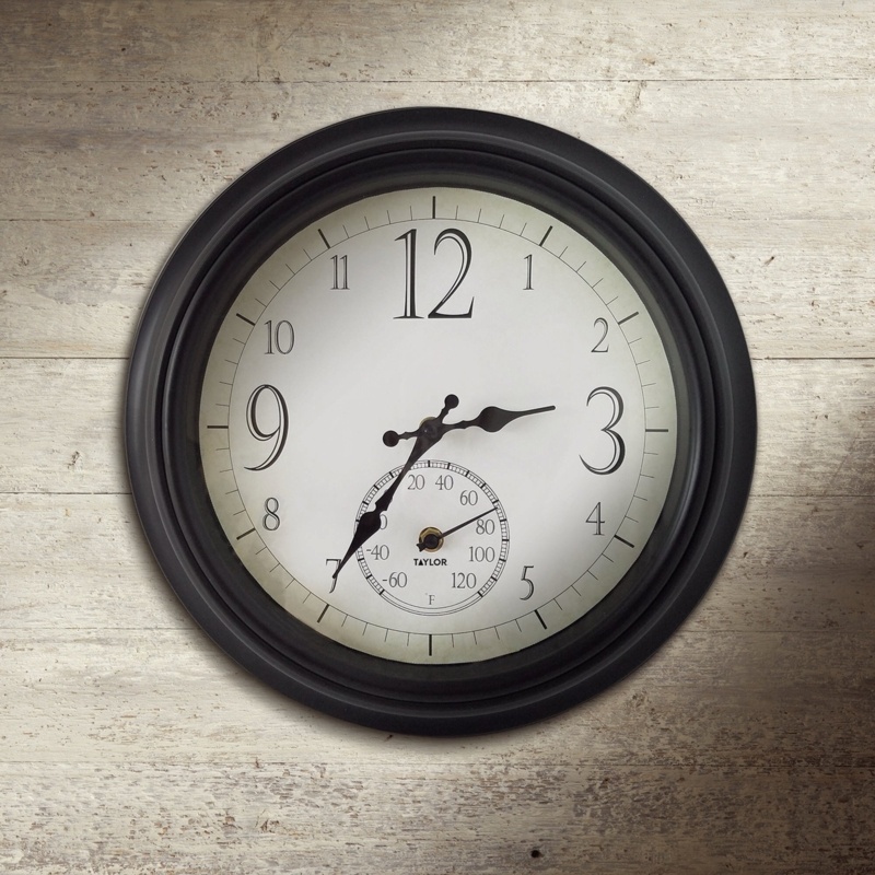 Indoor/Outdoor 14-Inch Round Dial Clock W/Thermometer-Black