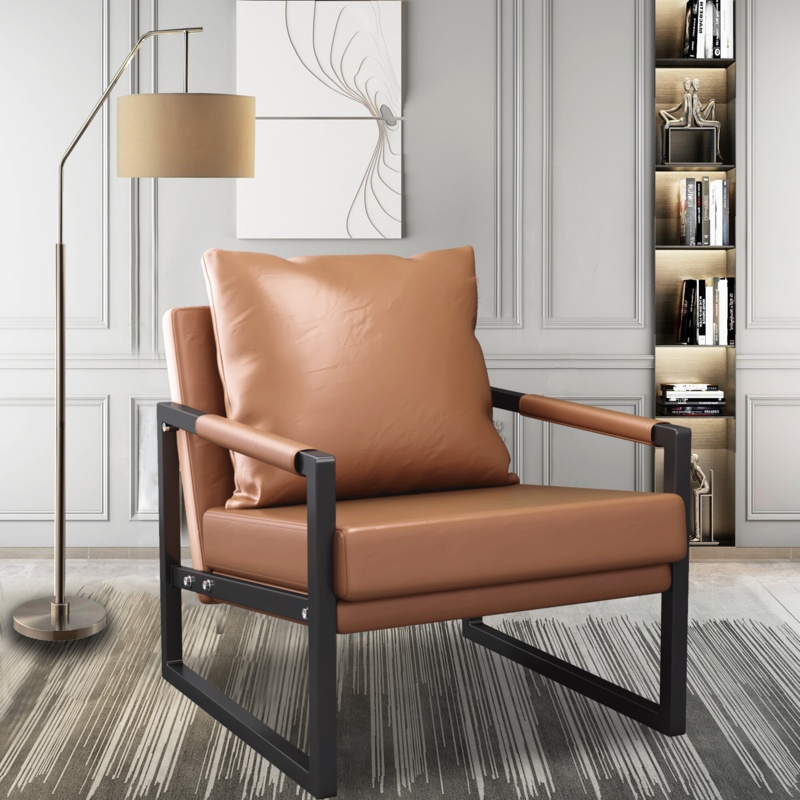 Industrial Metal Top Leather Accent Chair with Metal Arm