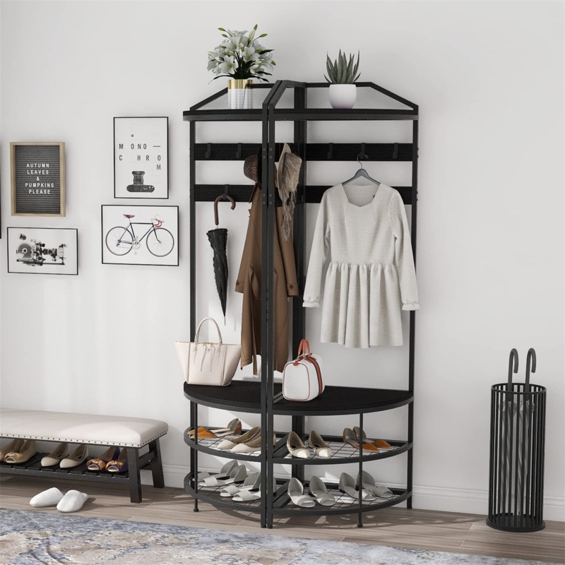 Corner Coat Rack with Shoe Stool