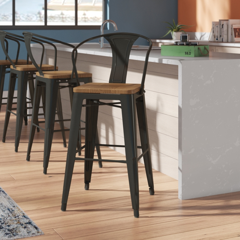Modern Farmhouse Metal Bar Stools with Pinewood Seat