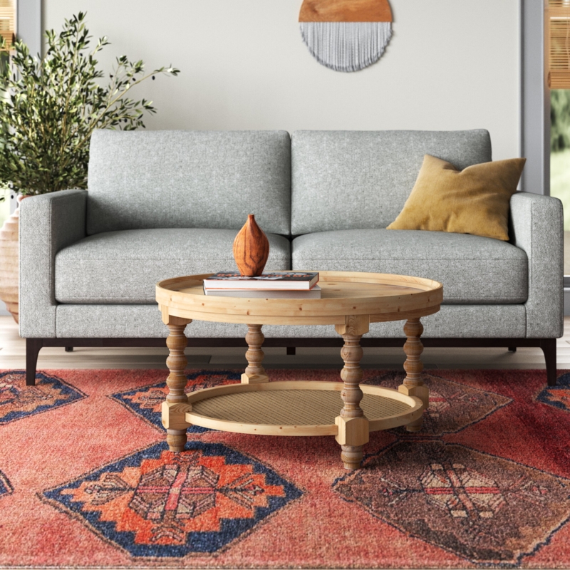 Traditional Round Coffee Table with Cane Shelf