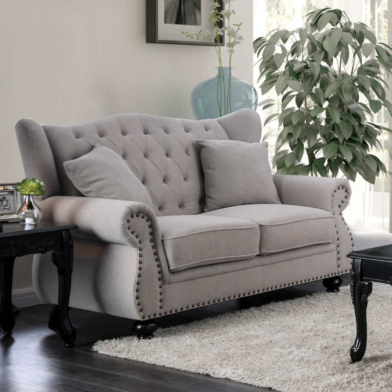 60" Linen Rolled Arm Loveseat with Button Tufting