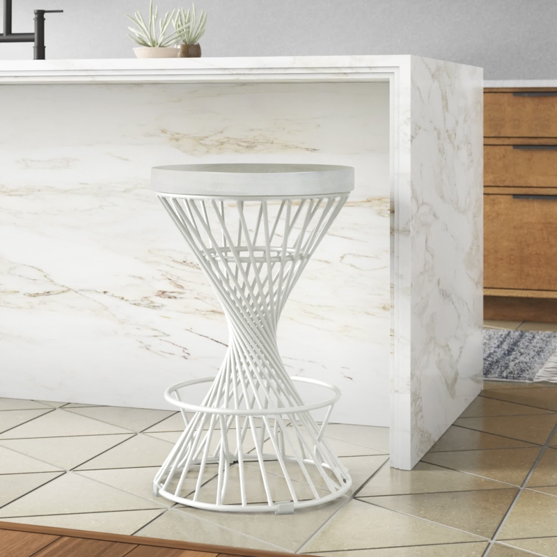 Contemporary Twisted Metal Stool with Wooden Seat