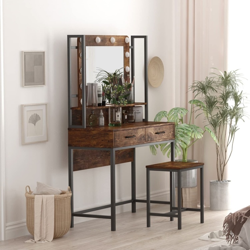 Jeanasia 37" Vanity Set with Lighted Mirror and Stool, Rustic Brown