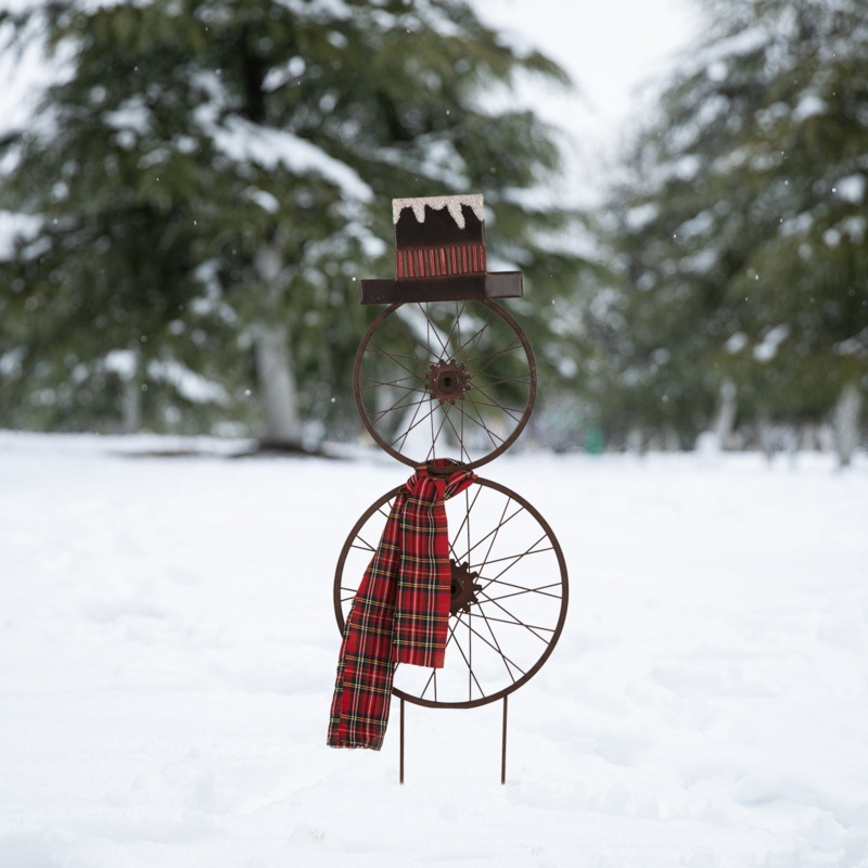 Jed 36.5"H Metal Christmas Sampson Bicycle Wheel Snowman w/Plaid Scarf Yard Stake or Wall Decor