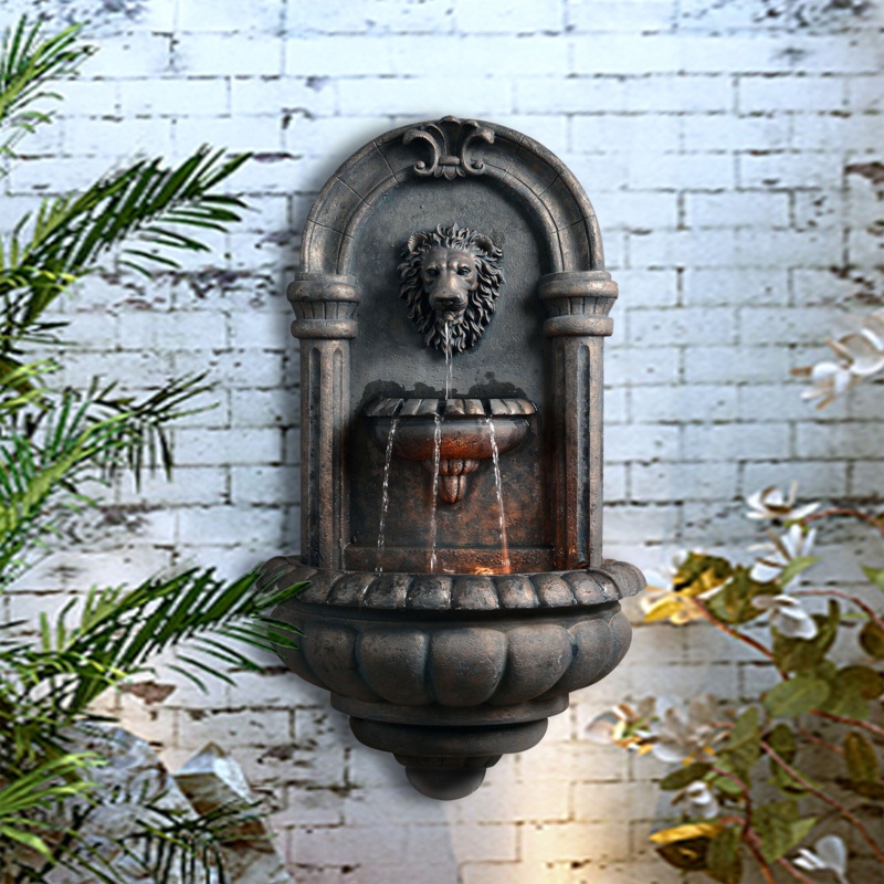 Outdoor Tiered Lion Head Stone Wall Fountain with LED Light