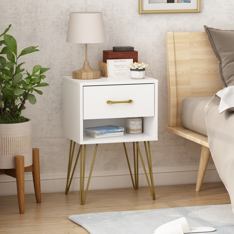 Gold Metal & Black Wood Nightstand with Drawer