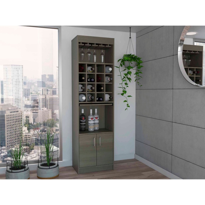 Kava 71" Tall Bar Cabinet with 16 Cubbies, Shelf, Concealable Tray and Double Door
