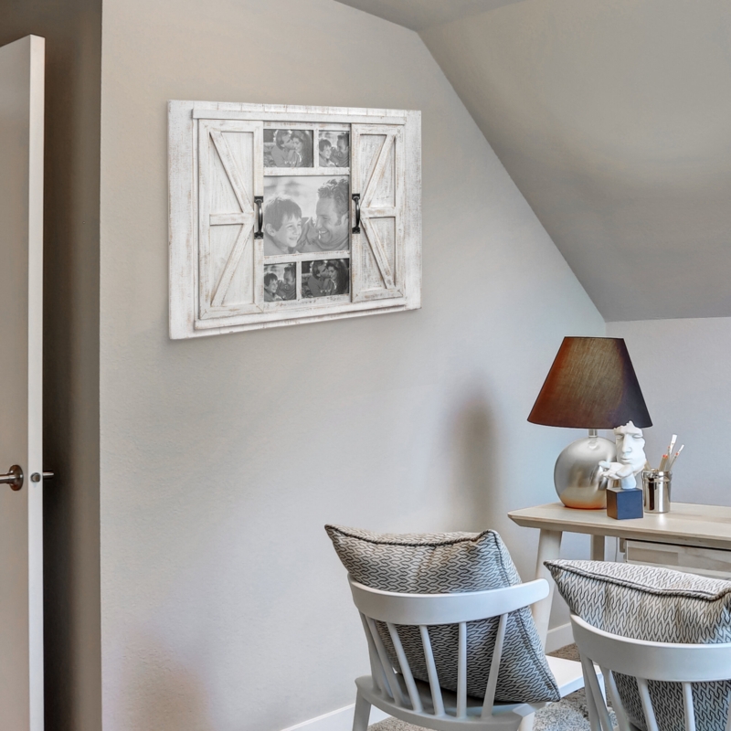 Sliding Barn Door Photo Collage with Chalkboard and Mirror