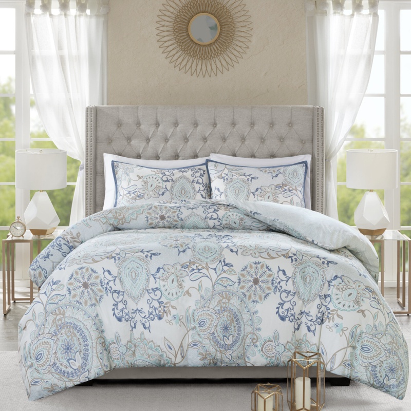 Kinsley Botanical Floral Medallion Motif 3 Piece Reversible Cotton Duvet Set