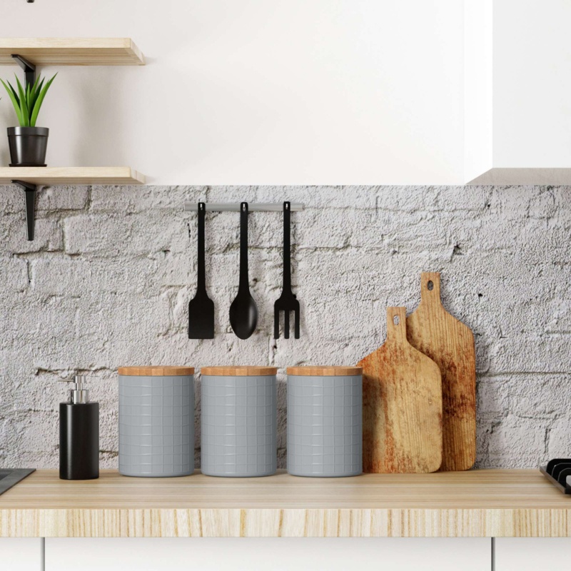 Kitchen Canisters With Bamboo Lids, Airtight Metal Canister Set, Coffee, Sugar, Tea, Flour Storage Containers, Farmhouse Kitchen Decor, Black, 5.25” X 6.75”, Set Of 3