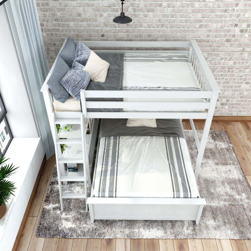 Full Over Full L-Shaped Bunk Bed with Bookcase