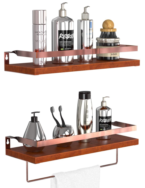 Floating Shelves Wood Set with Rose Gold Rails