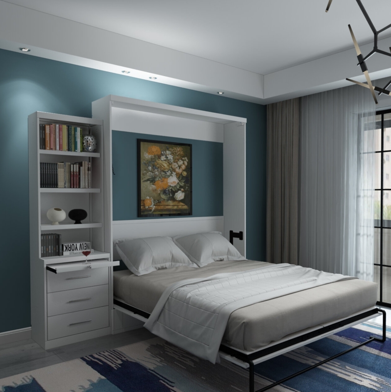 Transforming Murphy Bed with Drawer Bookcase