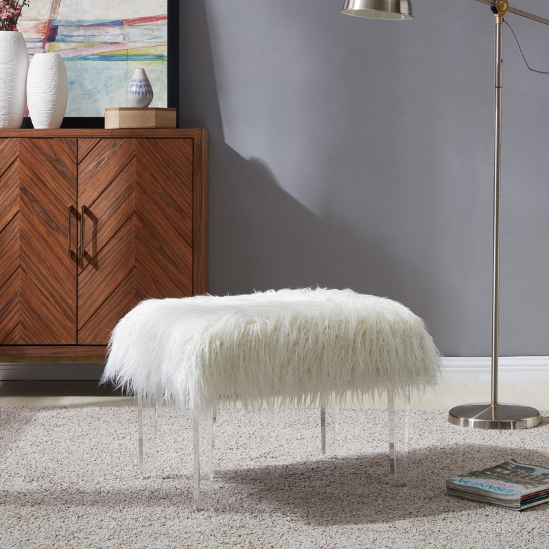Shaggy White Faux Fur Vanity Stool