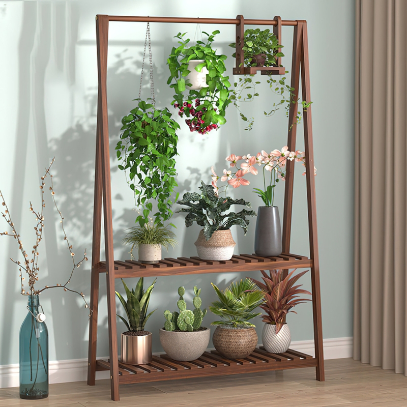 Wooden Two-Tier Ladder Plant Stand with Hanging Baskets