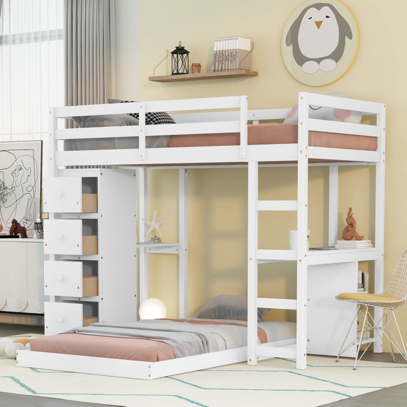 L-Shaped Bunk Bed with Storage and Study Area