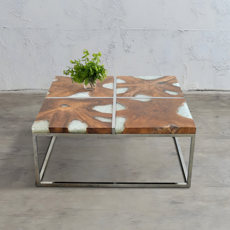 Live Edge Teak Coffee Table with Crushed Glass