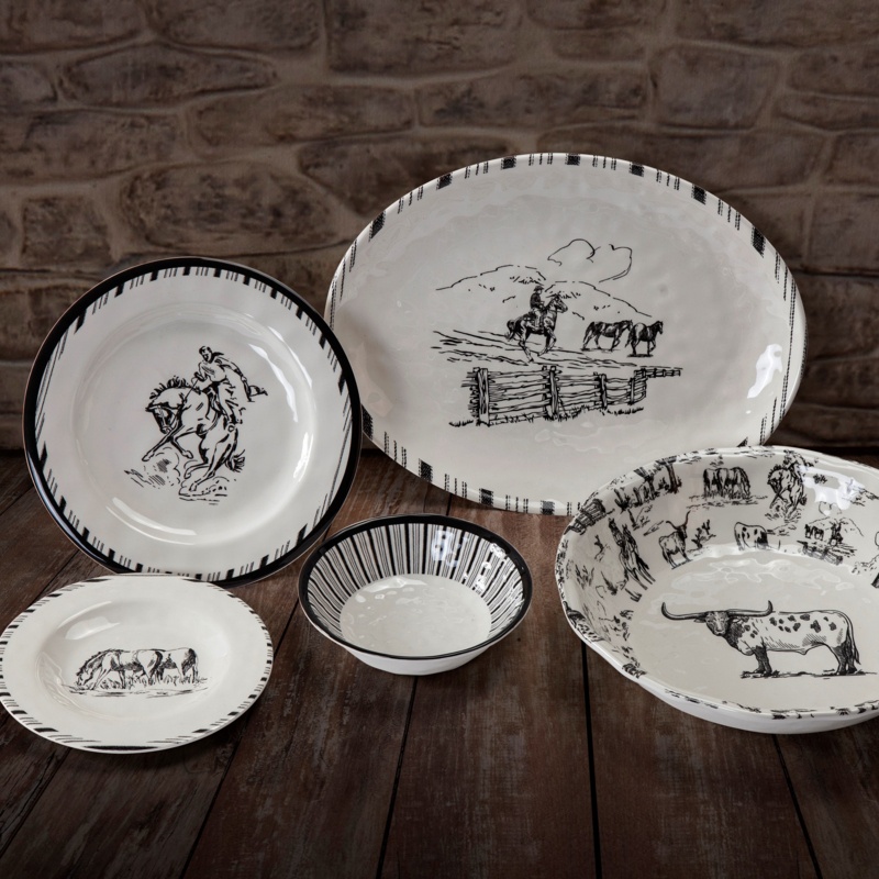 Lanty White/Black Melamine Western Rustic Farmhouse 14 Piece Dinnerware Set (Service for 4)