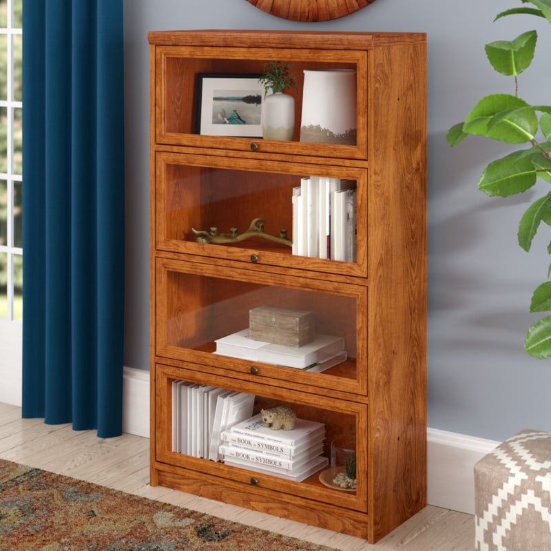 Solid Oak Wood Bookcase with Glass Panel Doors