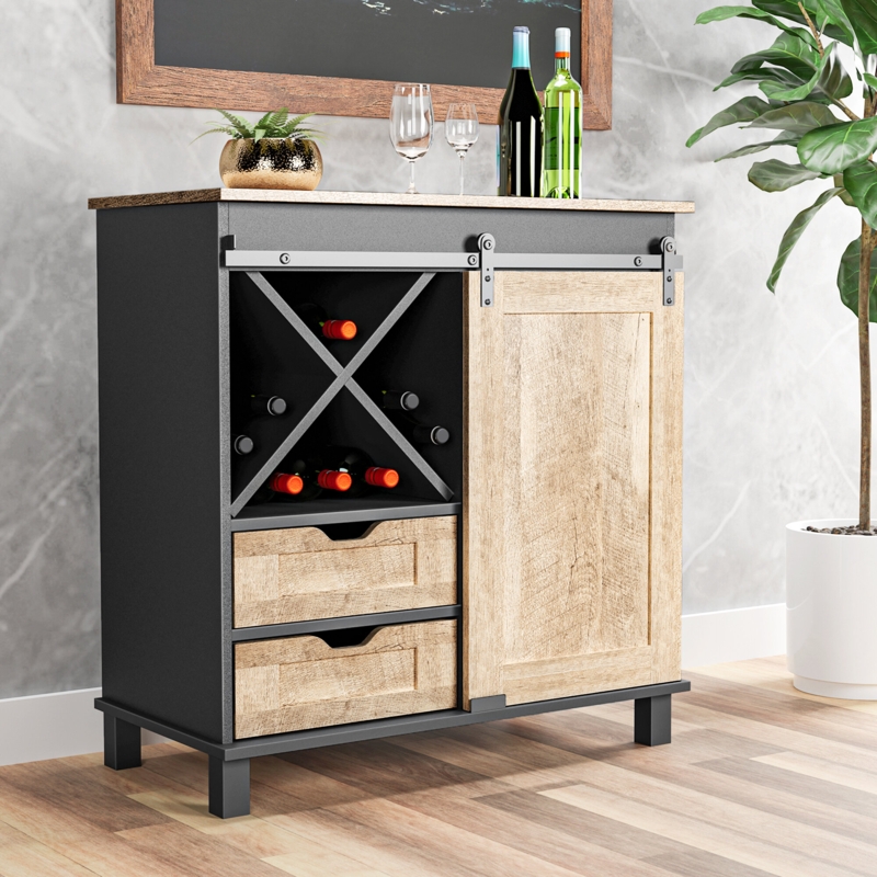 Rustic Wine Rack Cabinet with Sliding Barn Door