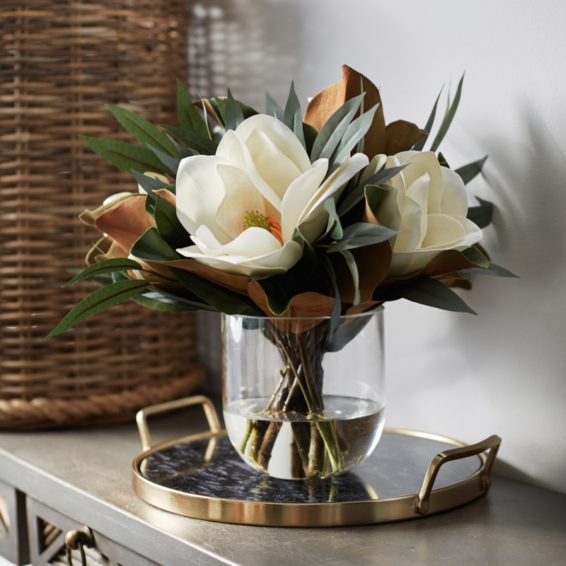Large Real Touch White Magnolia & Eucalyptus Arrangement In Rounded Glass Vase
