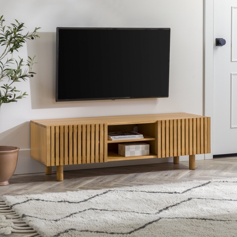 Sliding Door TV Stand with Fixed Shelf