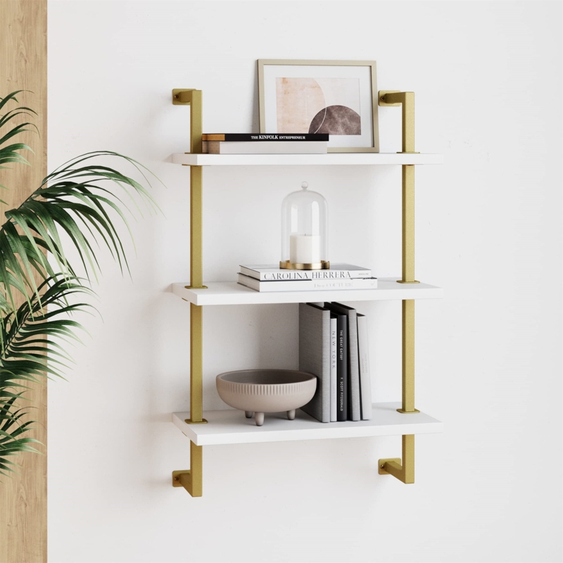 Floating 3-Tier Bookshelf with Brass Frame
