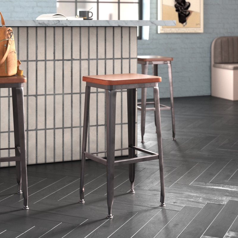 Solid Wood 29" Bar Stool with Clear Coat Steel Frame