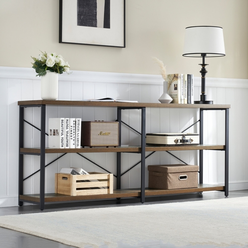 Rustic Industrial Sofa Table with Shelves