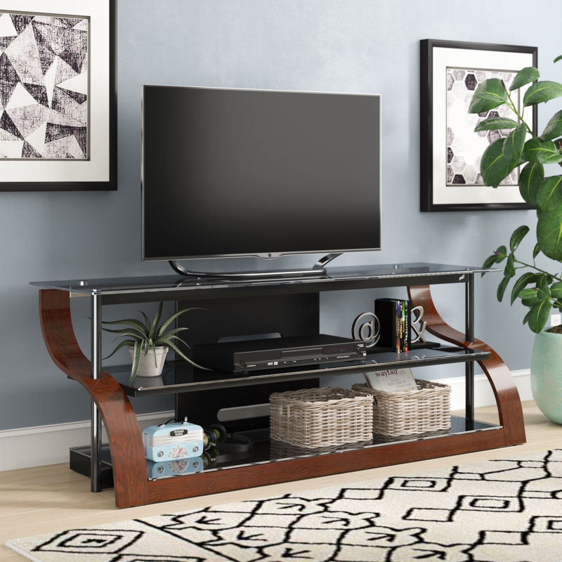 Curved Wood TV Stand with Glass Shelves