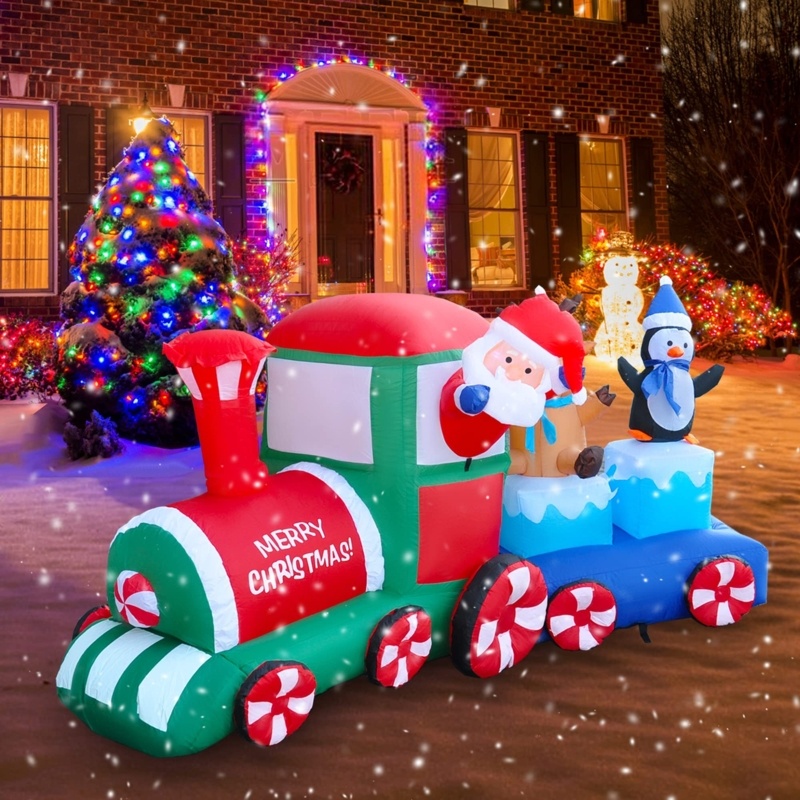 Long Lighted Christmas Santa Claus Reindeer & Penguin On Train Inflatable