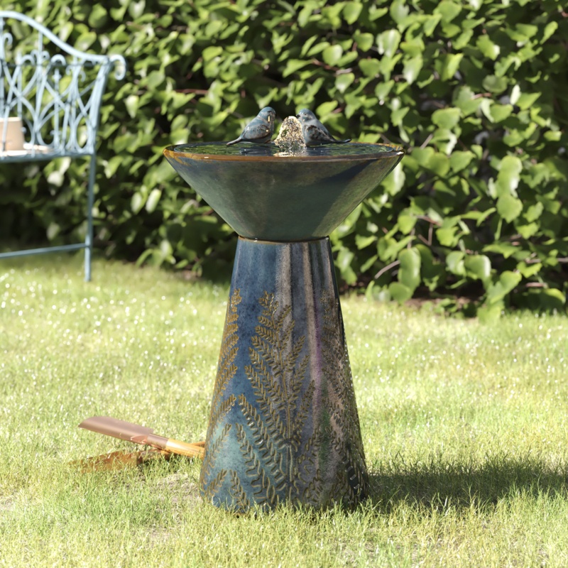 Loulou Two Birds Embossed Plant Pattern Pedestal Ceramic Fountain With Light