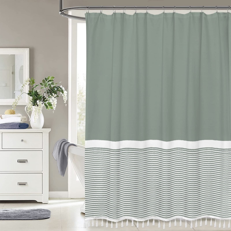 Striped Shower Curtain with Tassels and Hooks