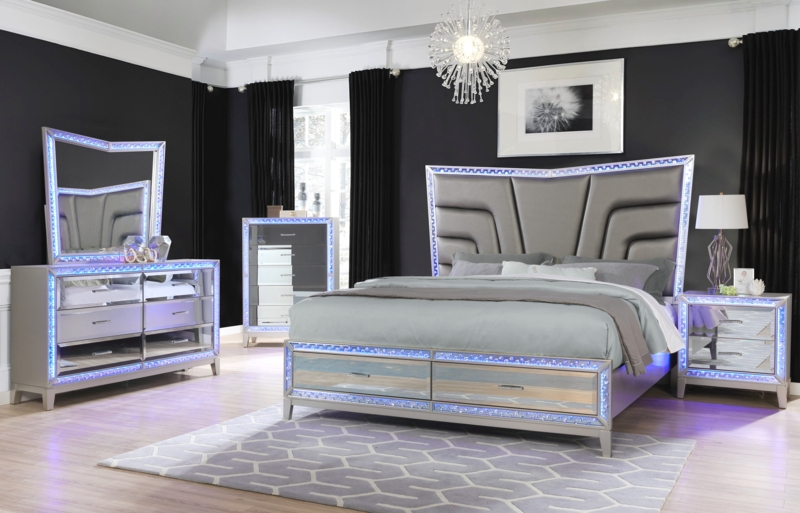 LED-Lit Mirror Front Headboard with Storage