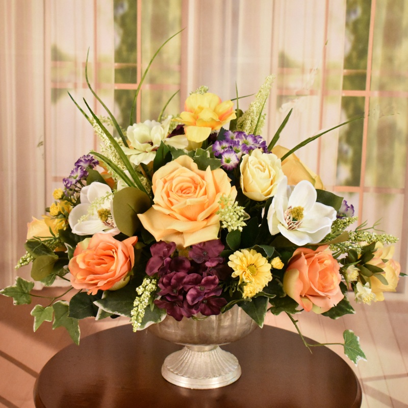Magnolia and Rose Silk Mixed Floral Arrangement in Vase