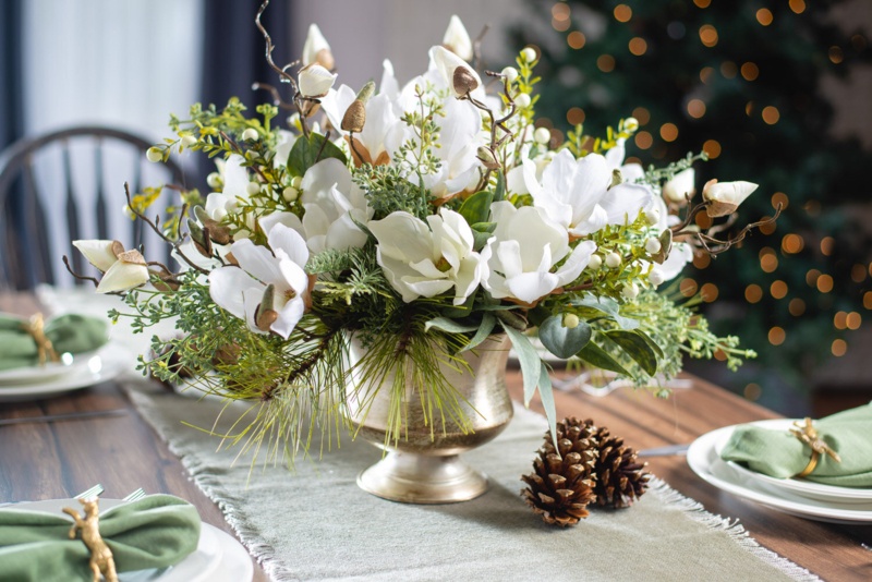 Magnolia, Pine and Snowberry Mixed Floral Arrangement in Vase