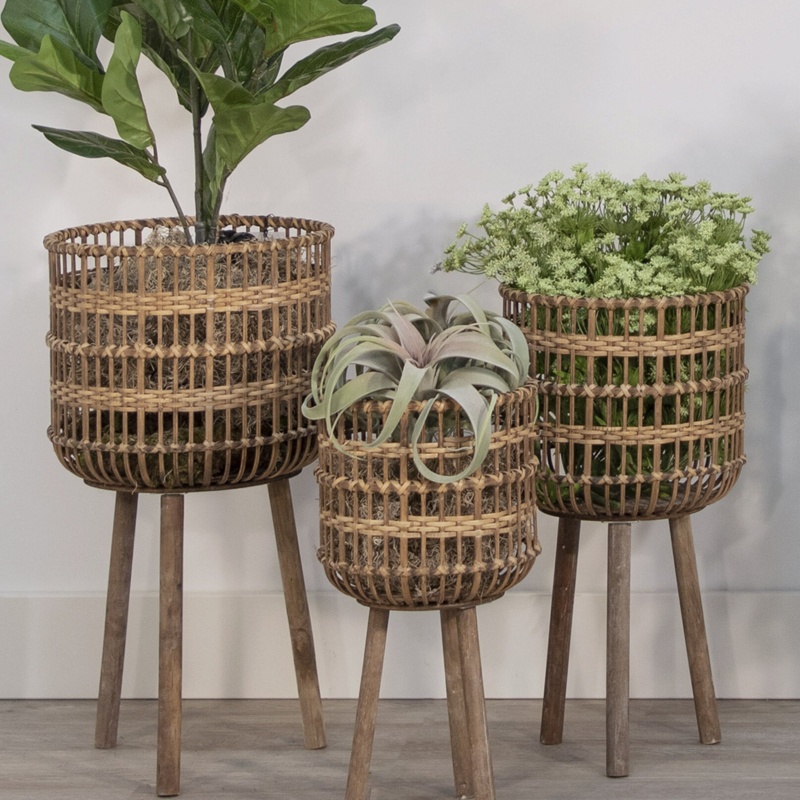 Makena 3 Piece Bamboo Planter Pots on Tripod Stands,Indoor and Outdoor, 15 L x 15 W x 26 H Inches