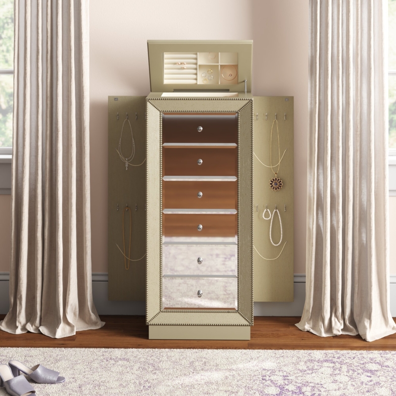 Wood Jewelry Armoire with Raised Mirror