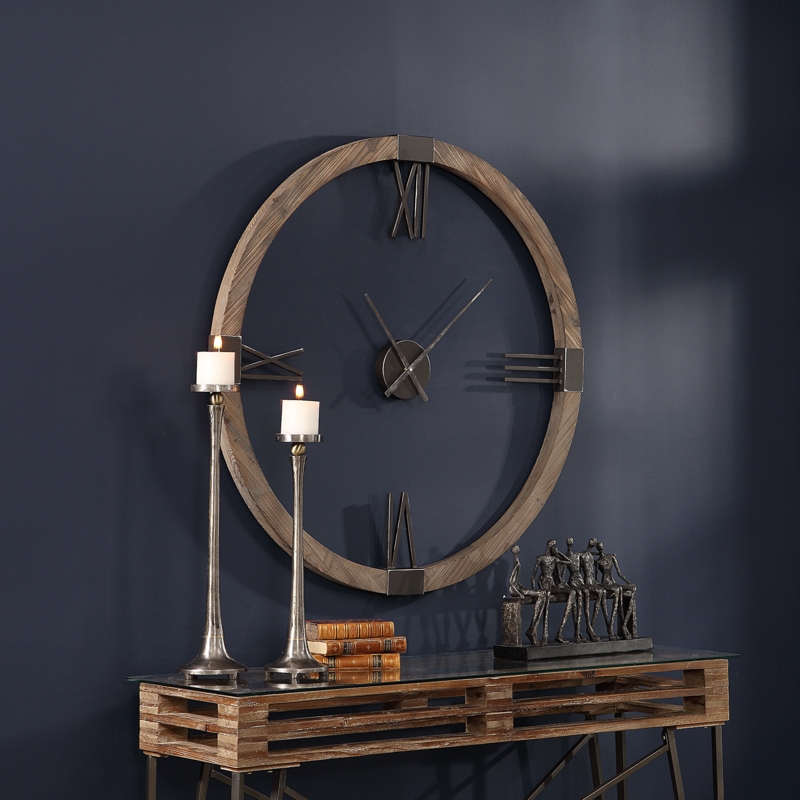 Natural Stained Fir Wood Clock with Iron Roman Numerals