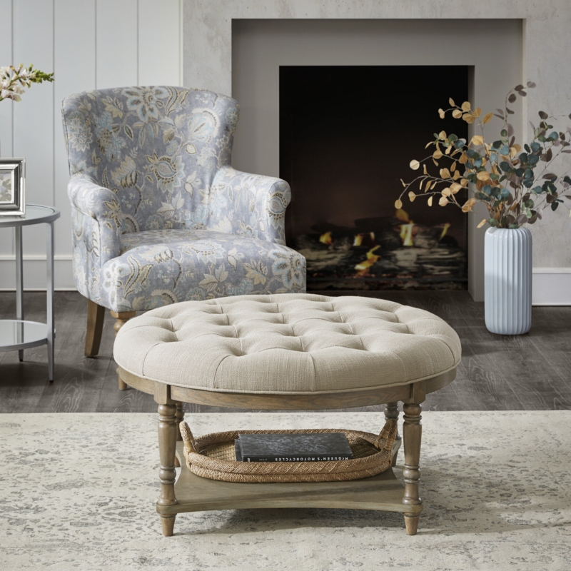 Button-Tufted Round Accent Ottoman