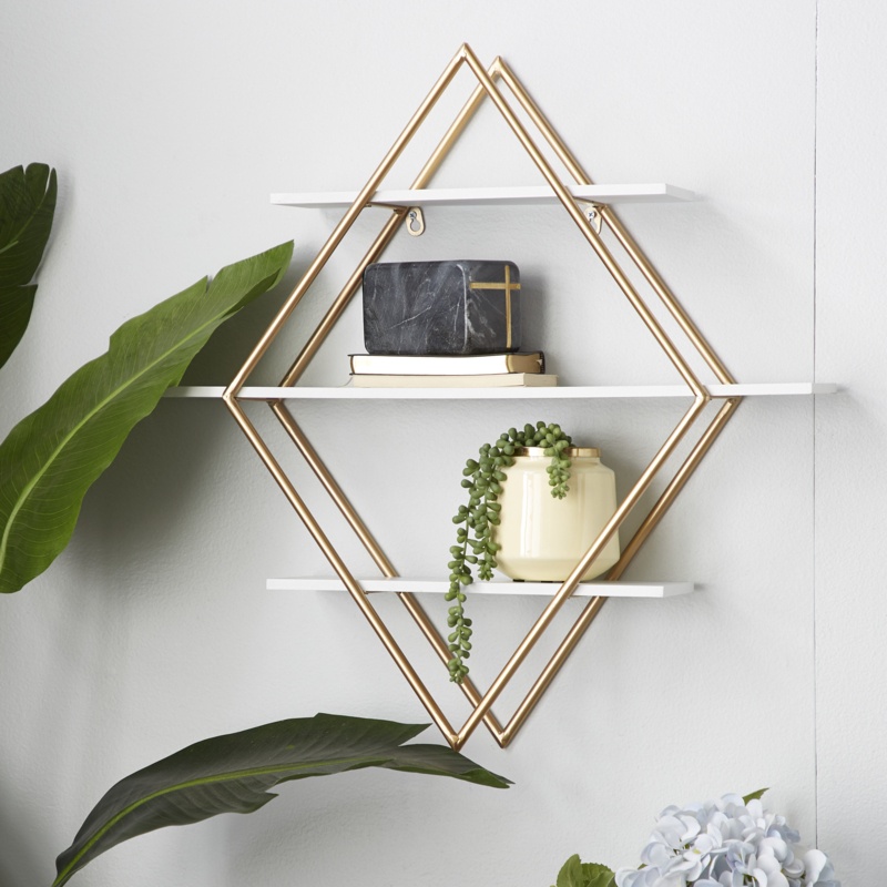 Mccroy Gold Wood 3 Shelves Wall Shelf with Diamond Shape 20" x 6" x 20"