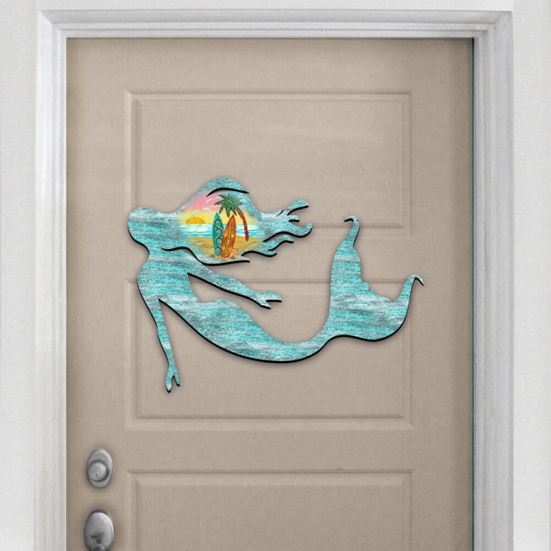 Mermaid Coastal Beach Landscape Wooden Decorative Door Hanger Wall Decor