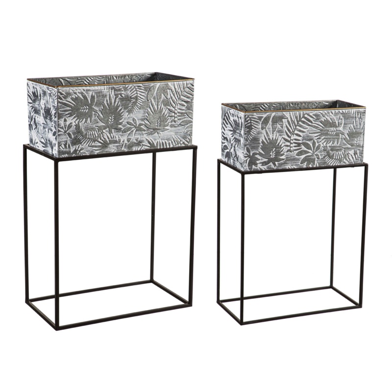 Metallic Embossed Floral Planters, Set Of 2