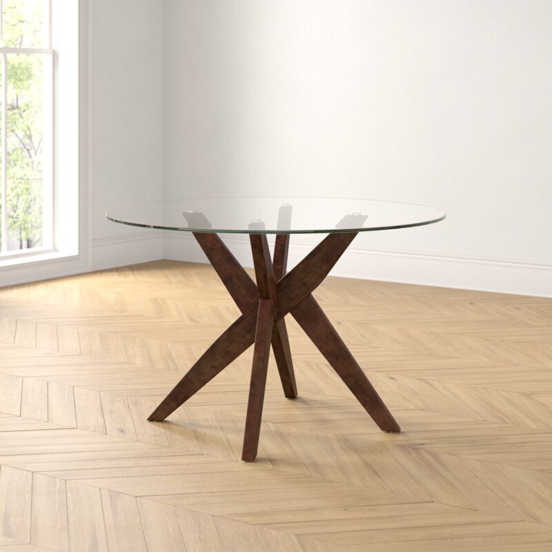 Mid Century Modern Wood Frame Round Glass Dining Table Set for 6