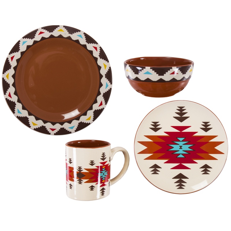 Millen Tan/Brown/Red Aztec Print Ceramic Southwestern Style 16 Piece Dinnerware Set, Service for 4