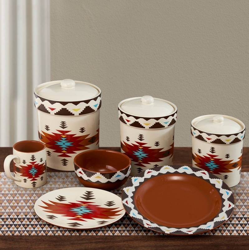 Millen Tan/Brown/Red Aztec Print Ceramic Southwestern Style 19 Piece Dinnerware and Canister Set